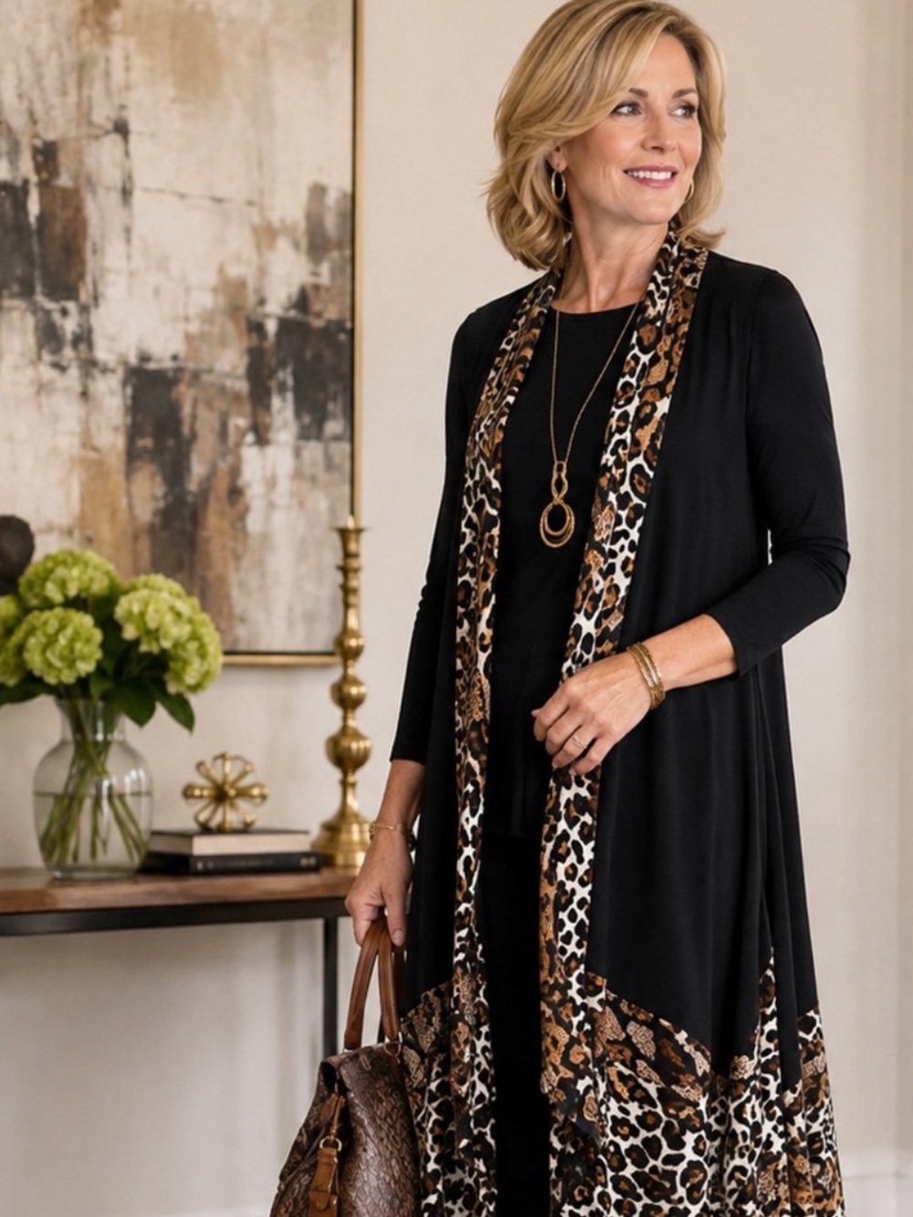 Black Maxi Vest with Leopard Trim